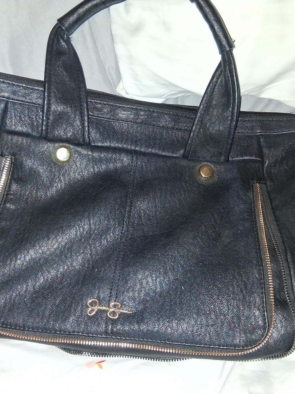 Jessica Simpson Black Leather Tote Bag with Gold Accent Leopard Print Inside